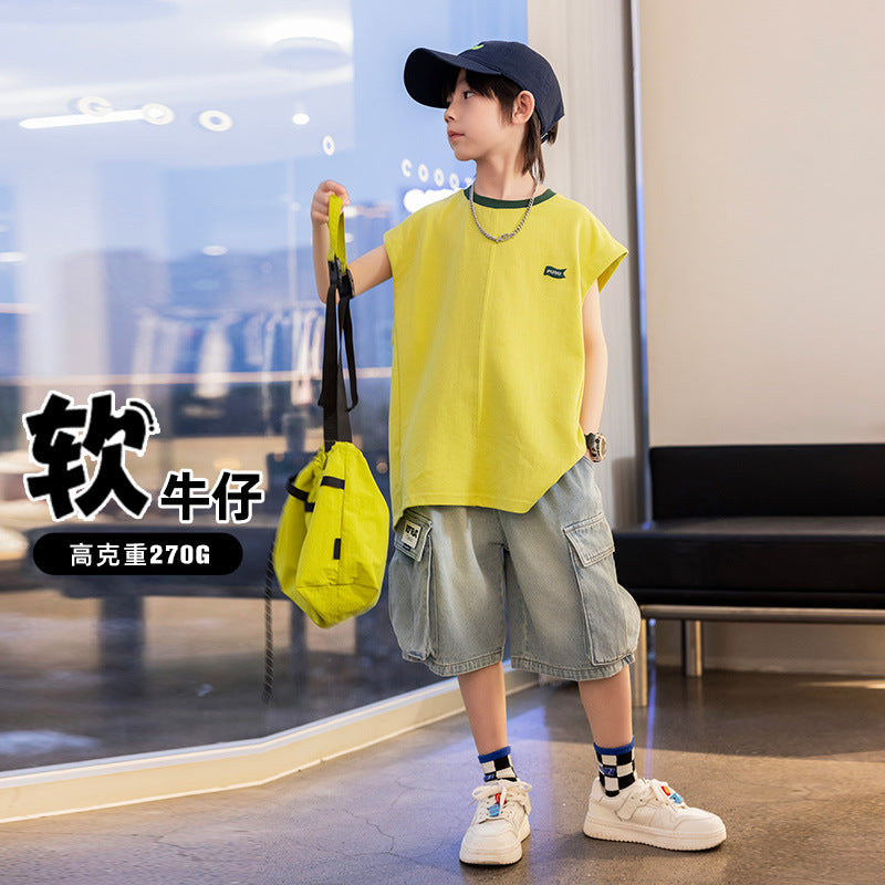 Boys' Soft Denim Cargo Shorts Large Pockets