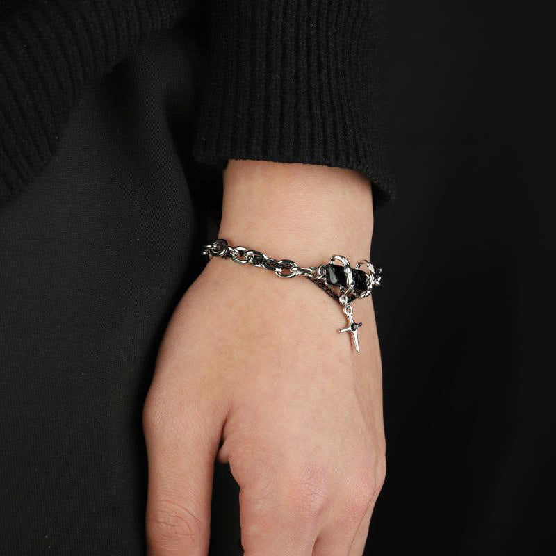 Black Diamond-Style Stone-Accented Titanium Steel Bracelet