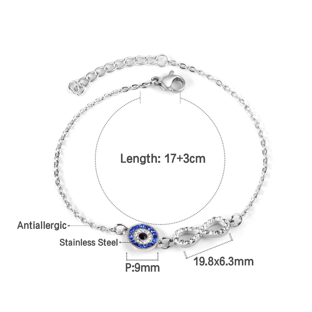 Mixed-color diamond-encrusted evil eye bracelet, stainless steel jewelry