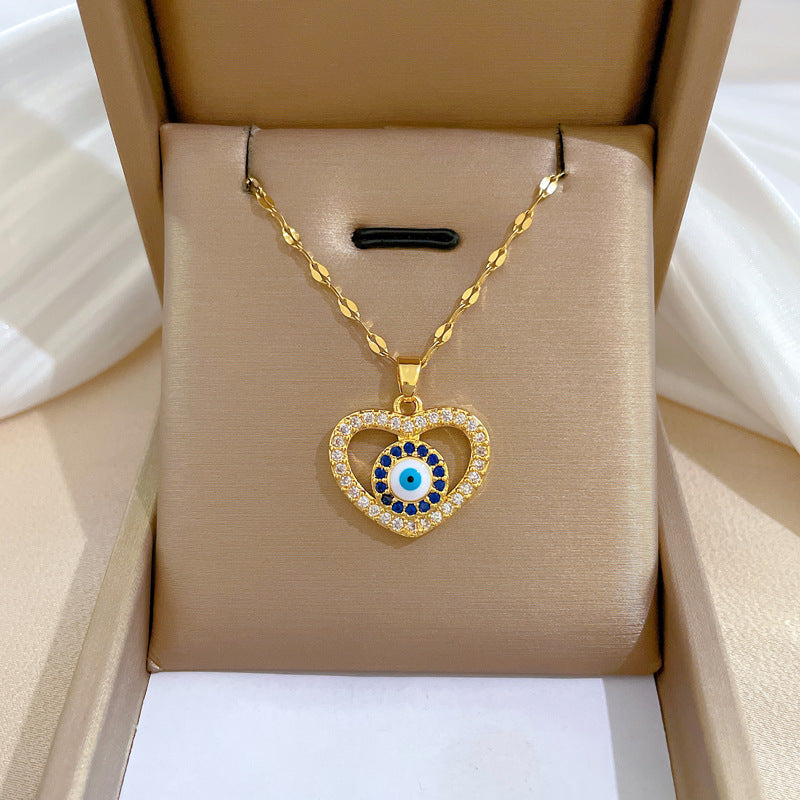 Titanium Steel Heart-Shaped Evil Eye Versatile Clavicle Chain