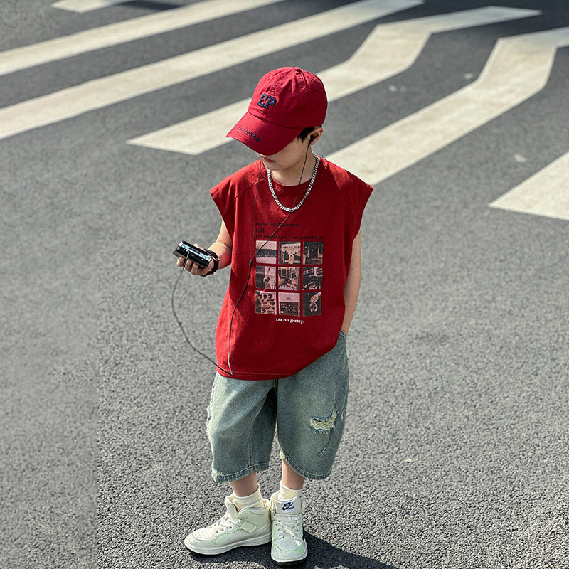 Children's Pure Cotton Sleeveless Vest and Denim Shorts Summer Outfit