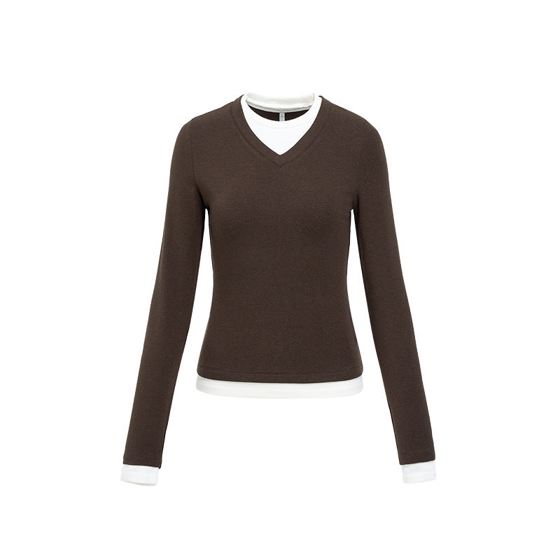 Women's Two-piece look V-neck contrast color top