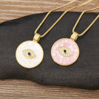 Natural Shell Inlay & Enamel Pink "Evil Eye" Necklace with Round Pendant