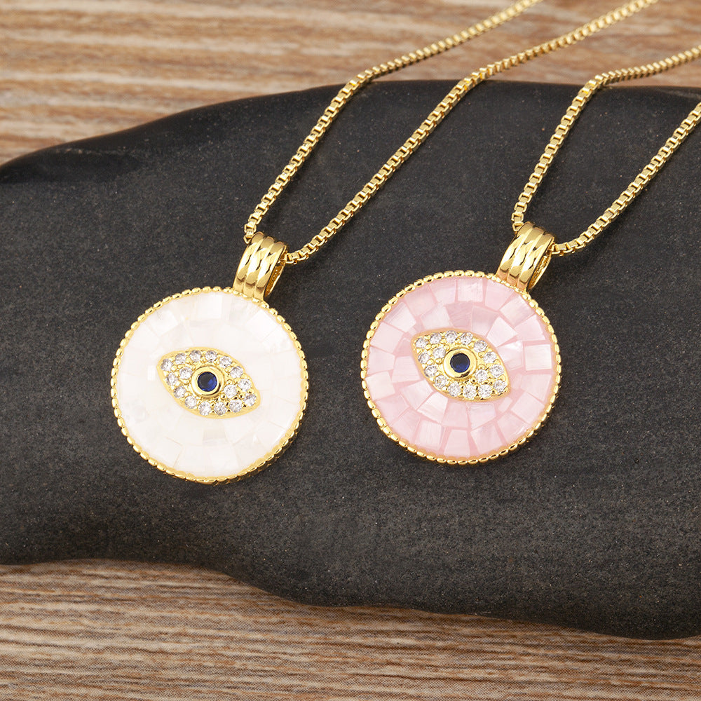 Natural Shell Inlay & Enamel Pink "Evil Eye" Necklace with Round Pendant