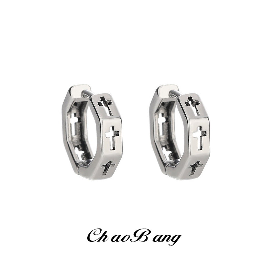 Unisex Titanium Steel Hoop Earrings with Cut-out Cross and Hexagonal Design