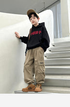 Boys Cotton Cargo Pants Big Pockets Casual Long Trousers for Kids