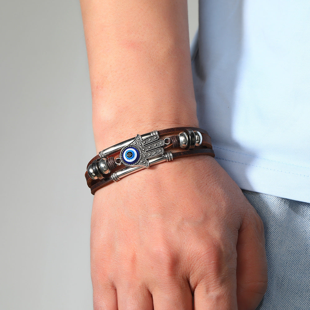 Leather cord stainless steel devil eye bracelet