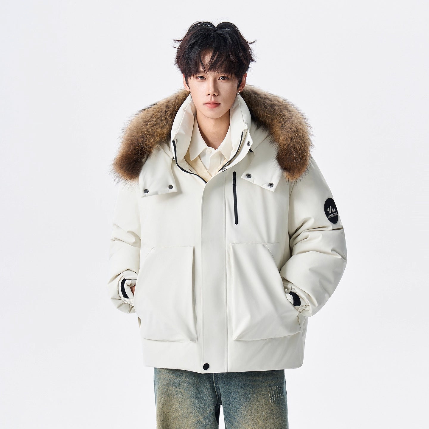 Raccoon Fur Collar Workwear Down Jacket - Unisex Couples' Winter New Stylish Warm Windproof