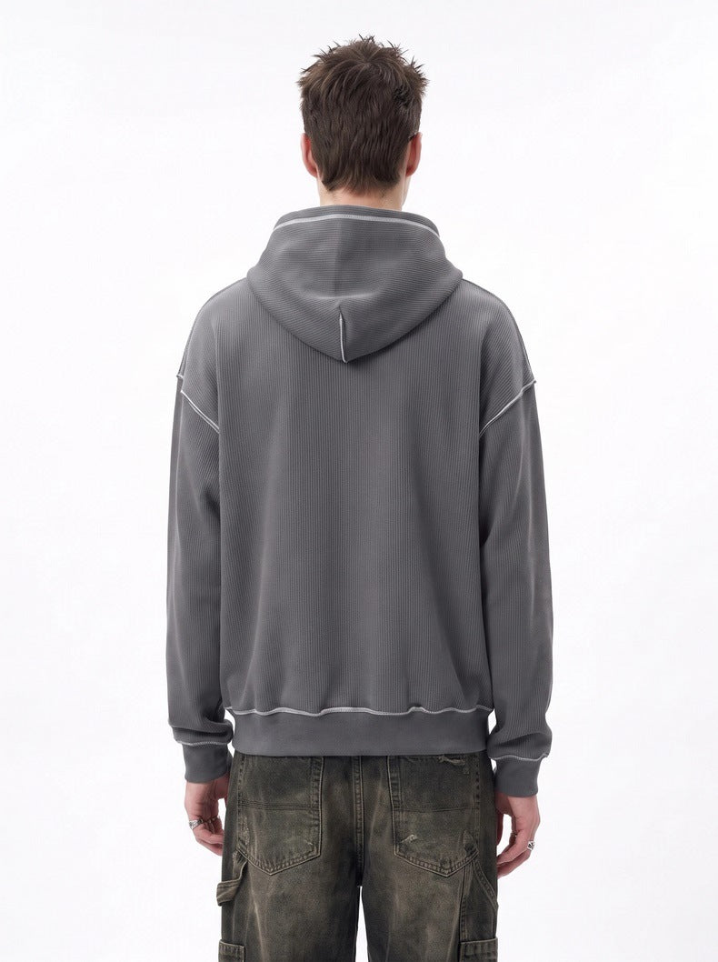 Color-block waffle-knit hoodie with beaded drawstring