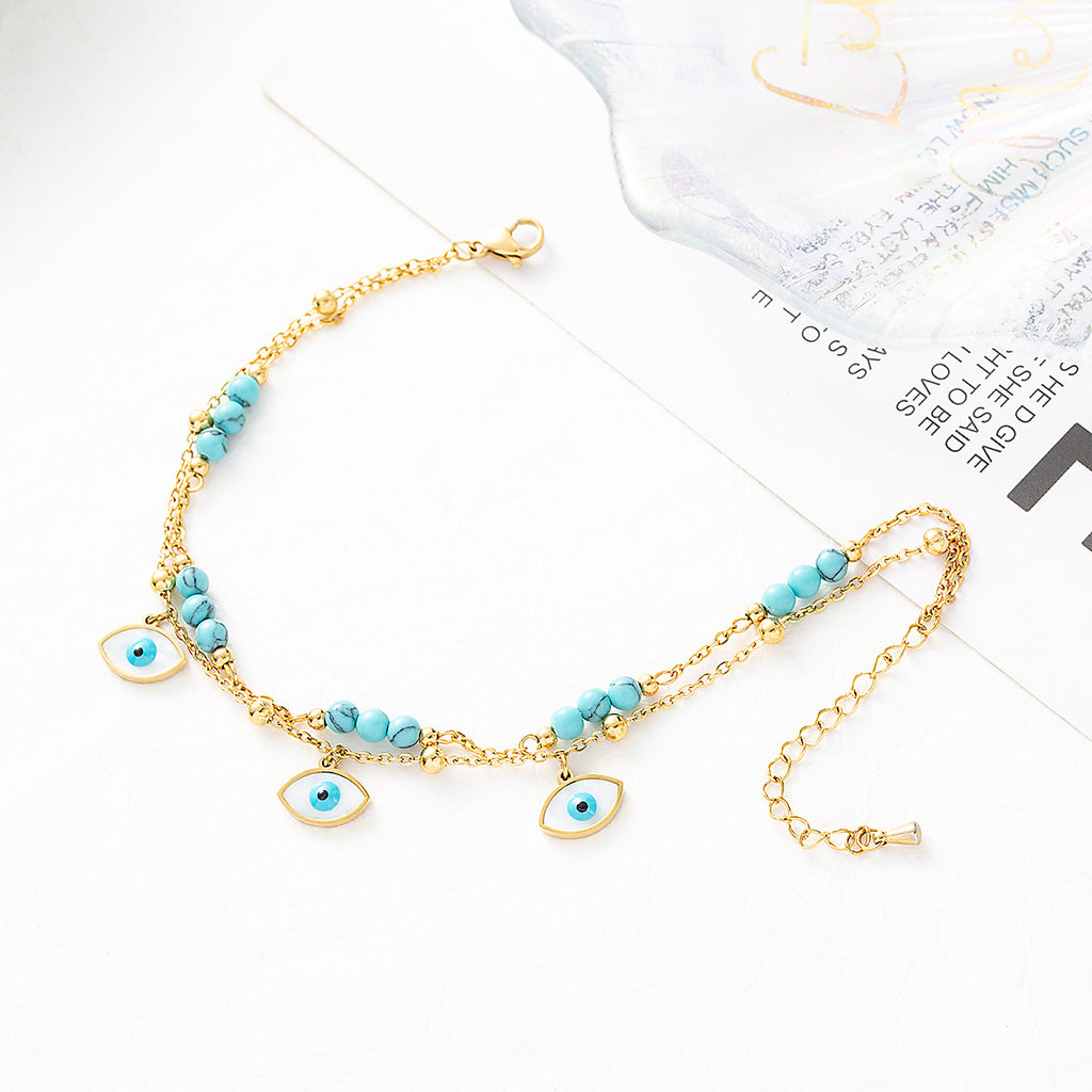 Titanium steel anklet with evil eye plating and multi-layered turquoise