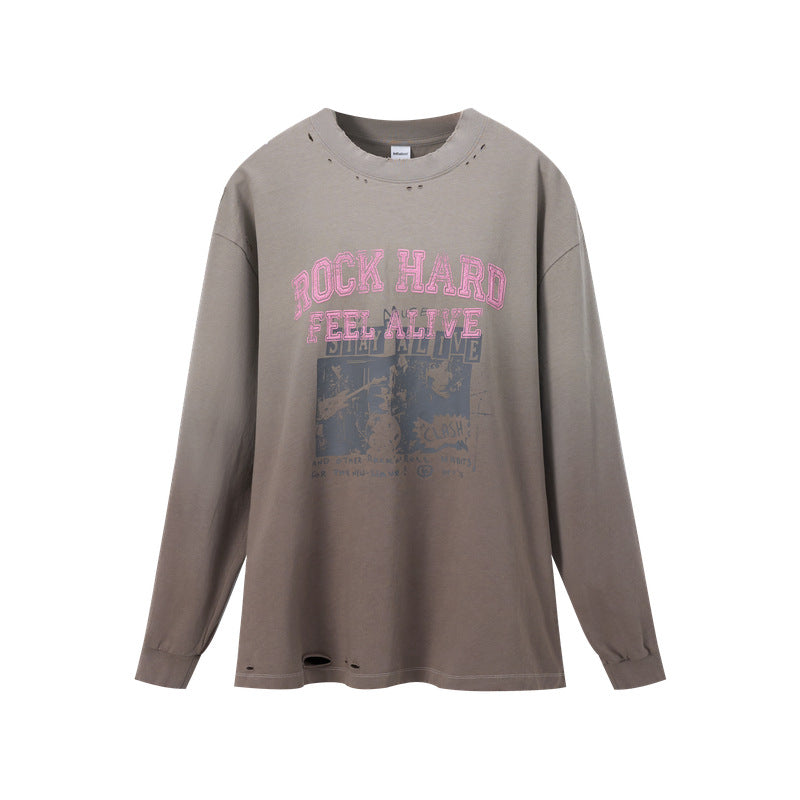 Long-sleeve T-shirt with vintage wash, dip-dye, and print.