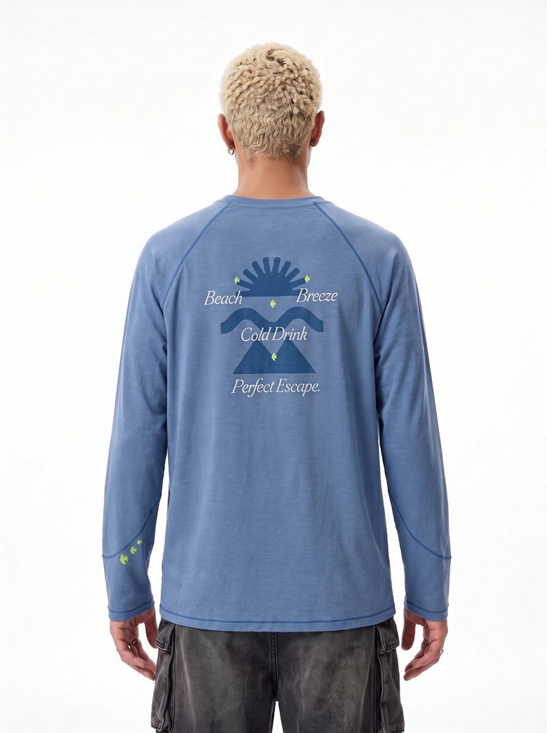 Color-block raglan-sleeve printed long-sleeve sports T-shirt