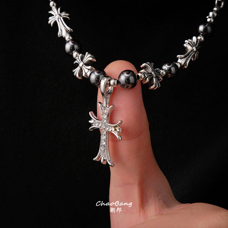Chrome Hearts-style black bead and cross titanium steel necklace