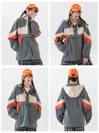 Street trendy women's hooded pullover jacket, spring and autumn medium thickness color matching loose medium and long polyester fiber top M-3XL full size