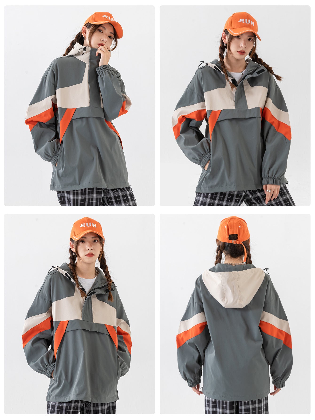Street trendy women's hooded pullover jacket, spring and autumn medium thickness color matching loose medium and long polyester fiber top M-3XL full size