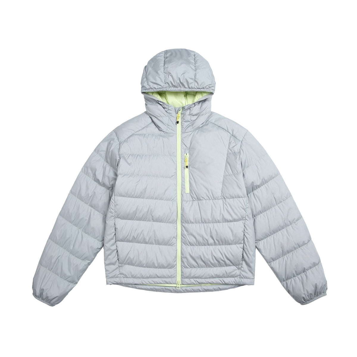 Lightweight contrasting color hooded down jacket