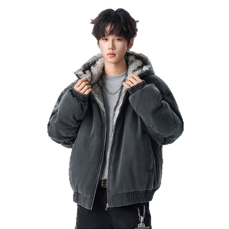 Men's Winter Oversized Hooded Fleece-Lined Warm Casual Denim Jacket