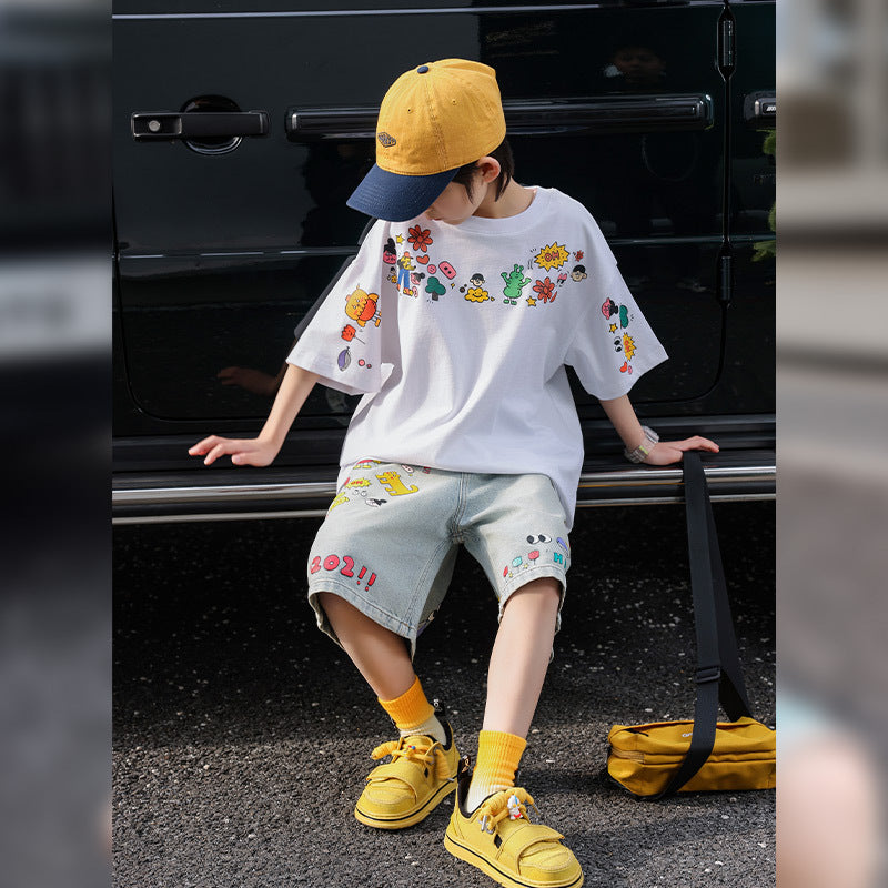 Boys Cartoon Print Short Sleeve Cotton T-Shirt