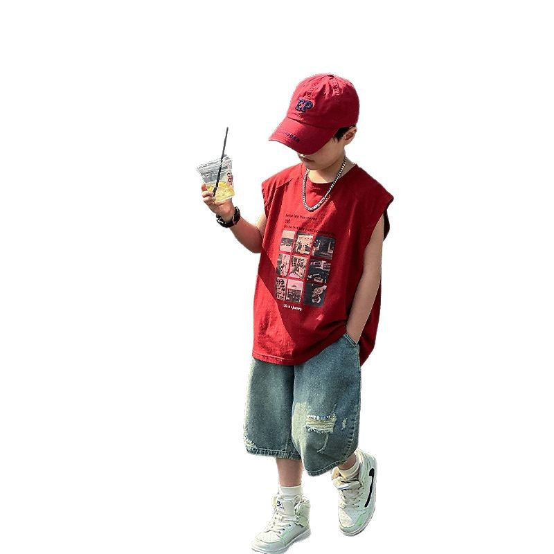 Children's Pure Cotton Sleeveless Vest and Denim Shorts Summer Outfit