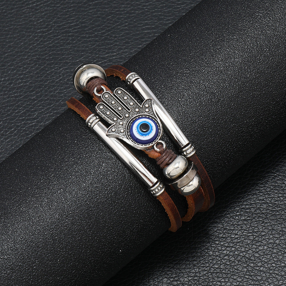 Leather cord stainless steel devil eye bracelet