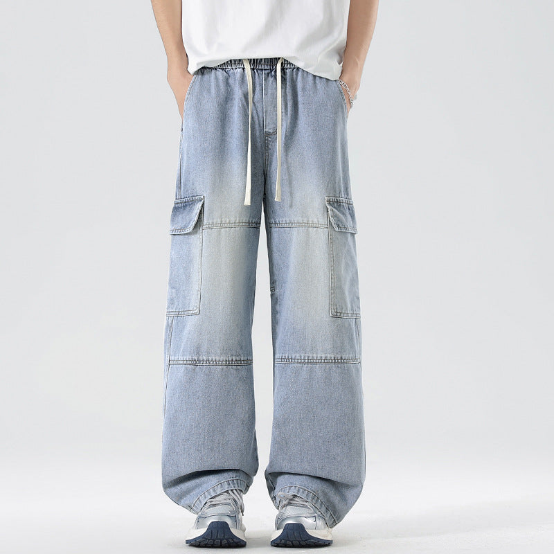 Men's American high street tooling jeans, retro loose straight wide-leg trousers, men's casual retro tooling trousers