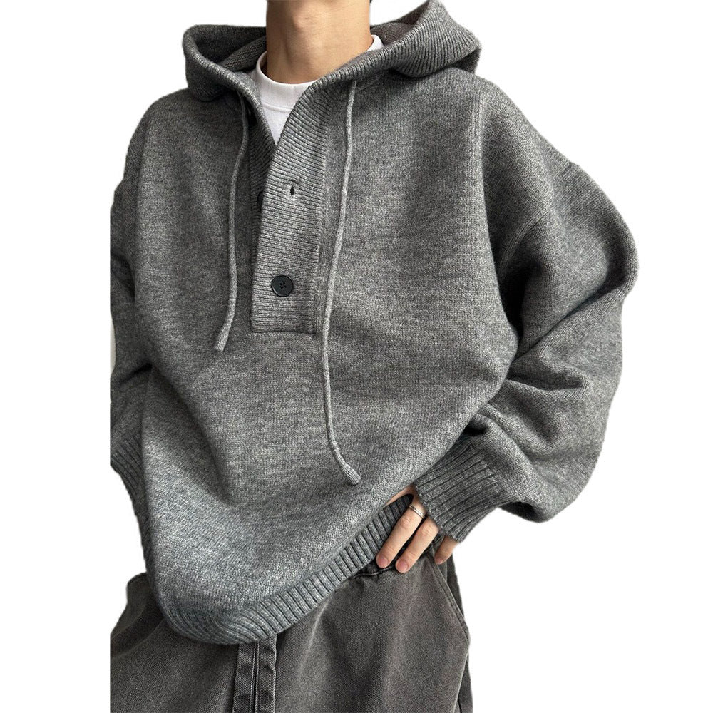 Men's Fall Winter Solid Color Hooded American-Style Loose Fit Knit Hoodie