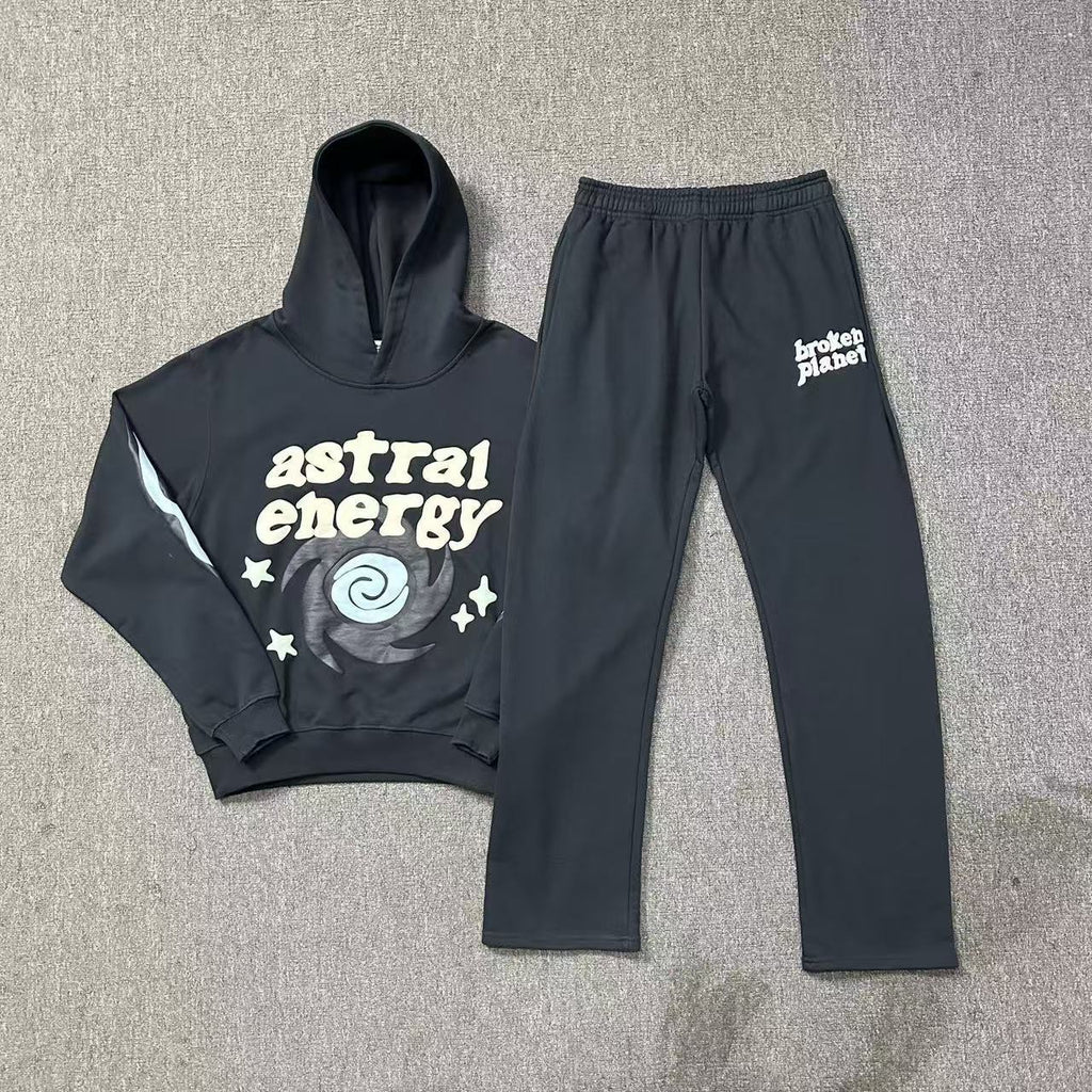 BrokenPlanet Oversized Foam Print Fleece Streetwear Set, Zip Hoodie + Sweatpants