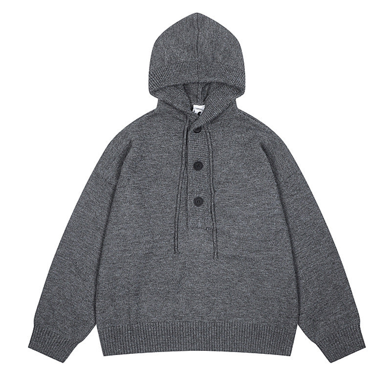 Men's Fall Winter Solid Color Hooded American-Style Loose Fit Knit Hoodie