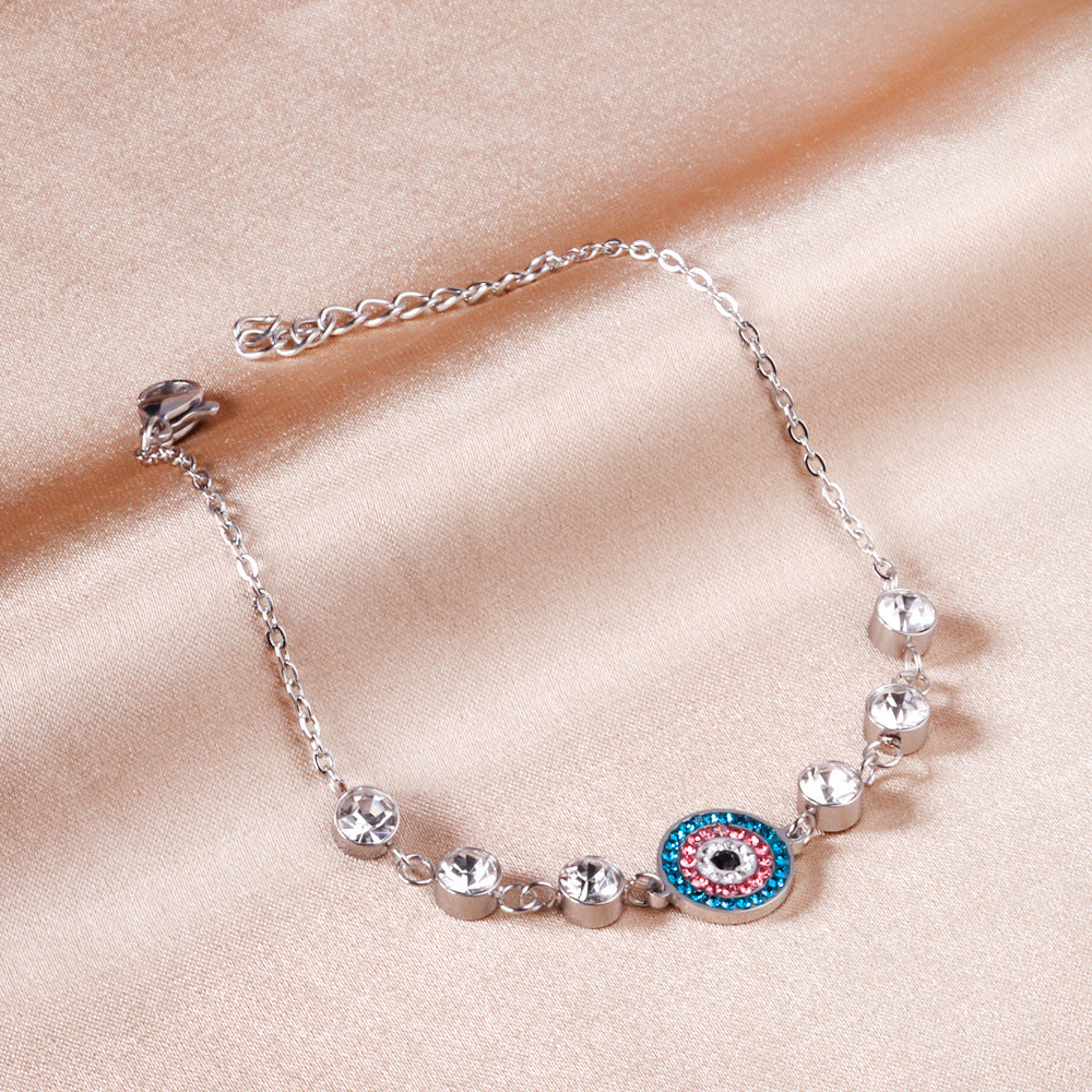 Mixed-color diamond-encrusted evil eye bracelet, stainless steel jewelry