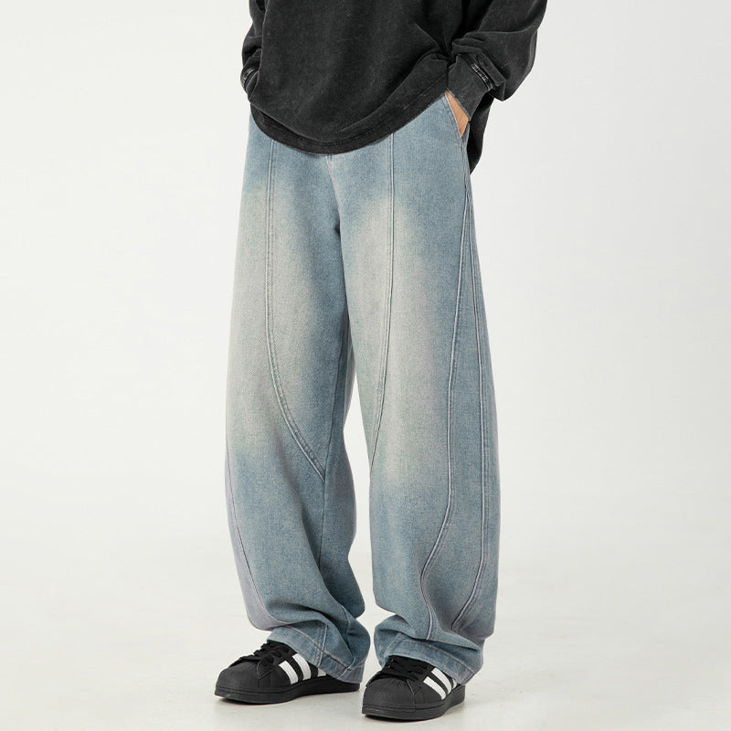 Japanese spring new wide-leg jeans, men's retro scimitar pants with old split design, loose casual pants