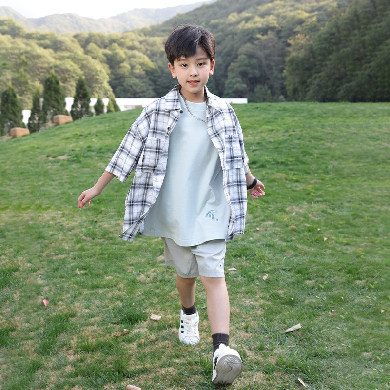 Boys' short-sleeve plaid shirt 100% cotton