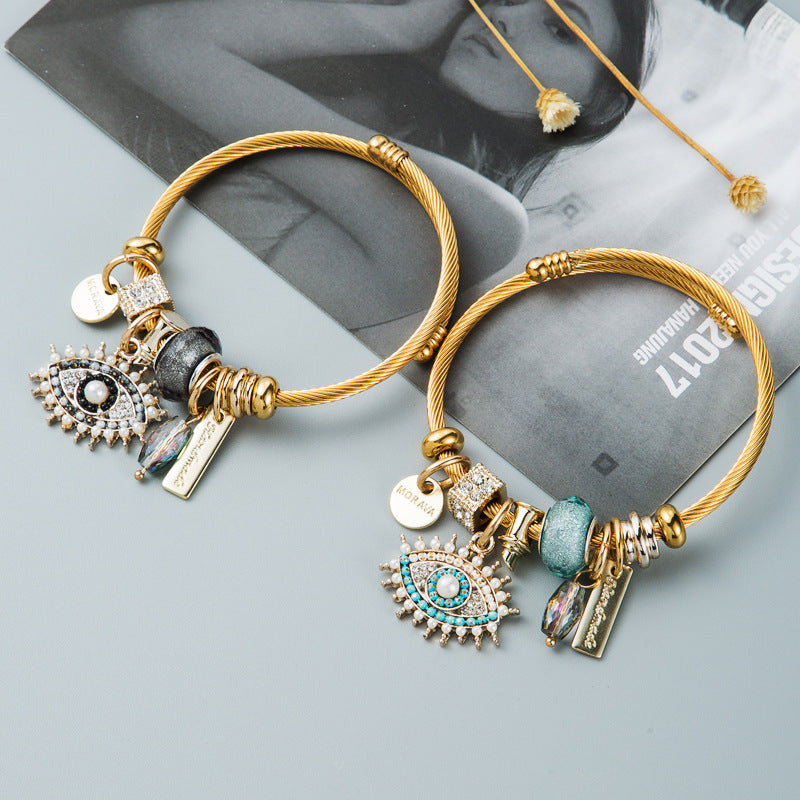 Personalized DIY Evil Eye Crystal Pendant Gold Plated Bracelet