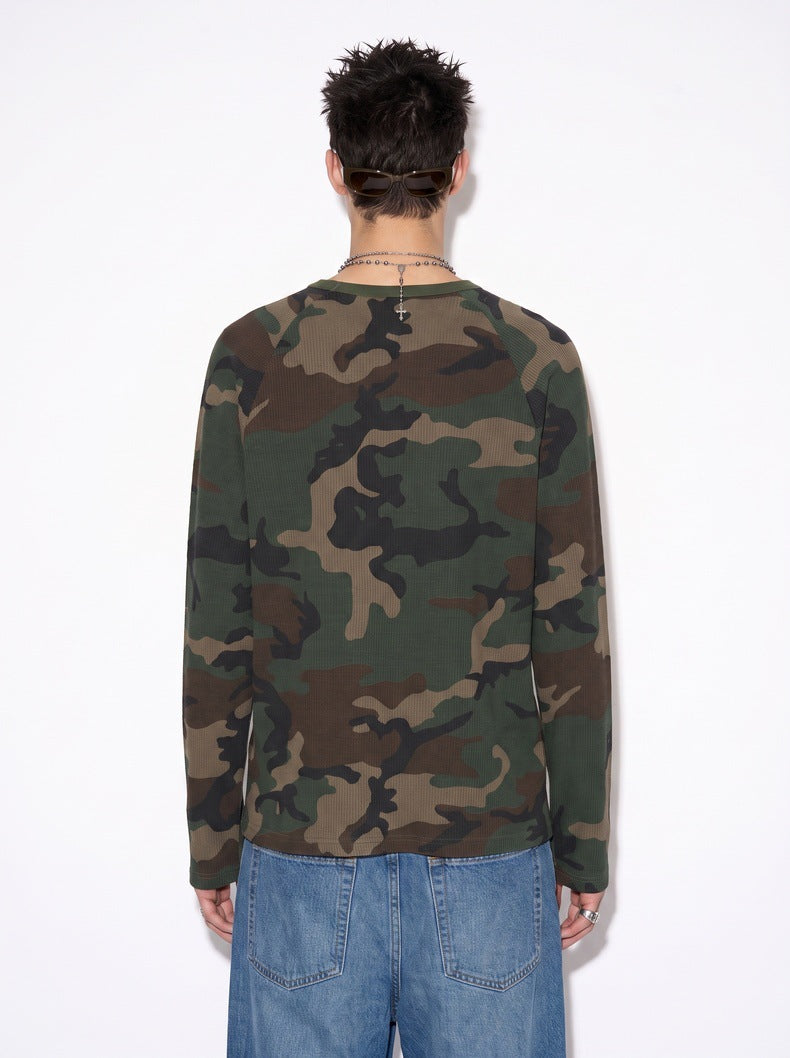 Street‑Style Waffle Knit Camo Long‑Sleeve T‑Shirt
