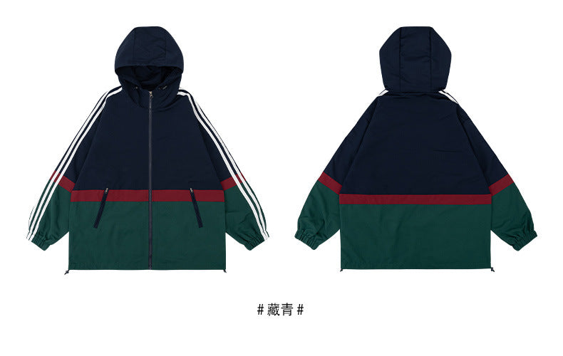 American spliced men's jacket: hooded loose design, can be used as a sports coat/casual jacket, versatile and practical, three bars are flat