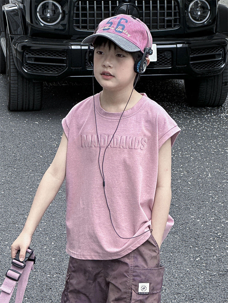 Dopamine Pink Class A Cotton Boys Summer Sleeveless Vest