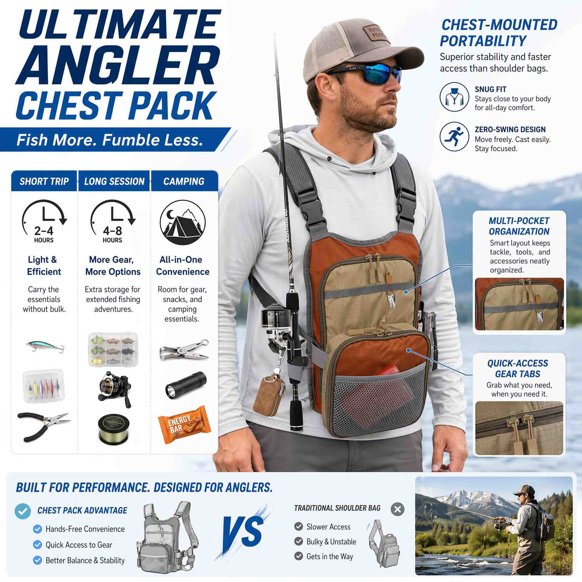 Lightweight Multifunctional Chest Vest Bag, Wear‑Resistant for Fishing Running Hiking Outdoor Sports