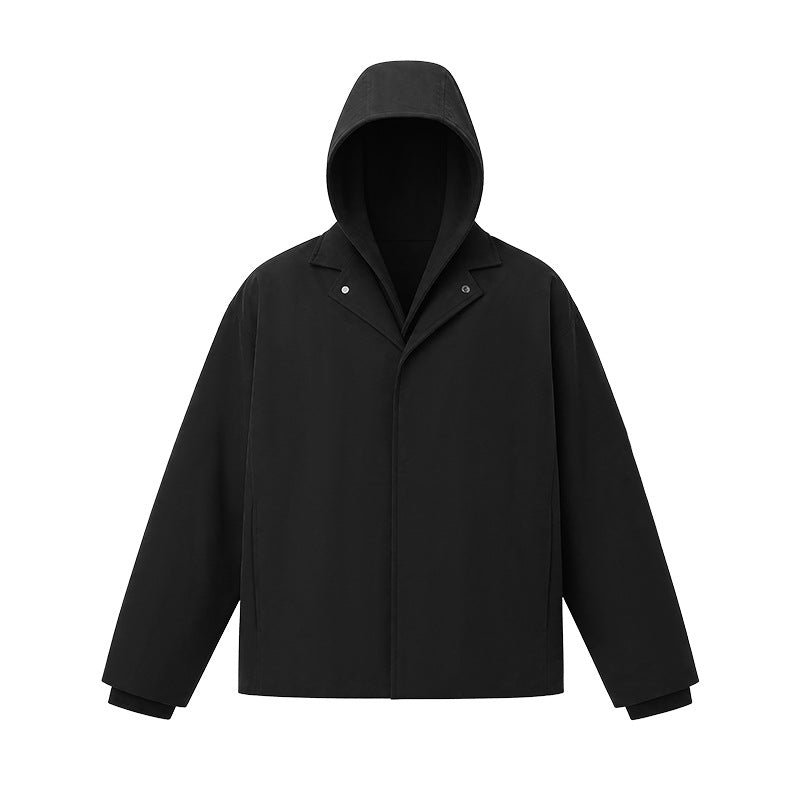 Faux two-piece fleece-lined street style short wide hooded cotton jacket for men