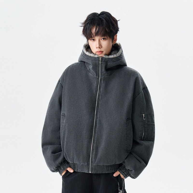 Men's Winter Oversized Hooded Fleece-Lined Warm Casual Denim Jacket