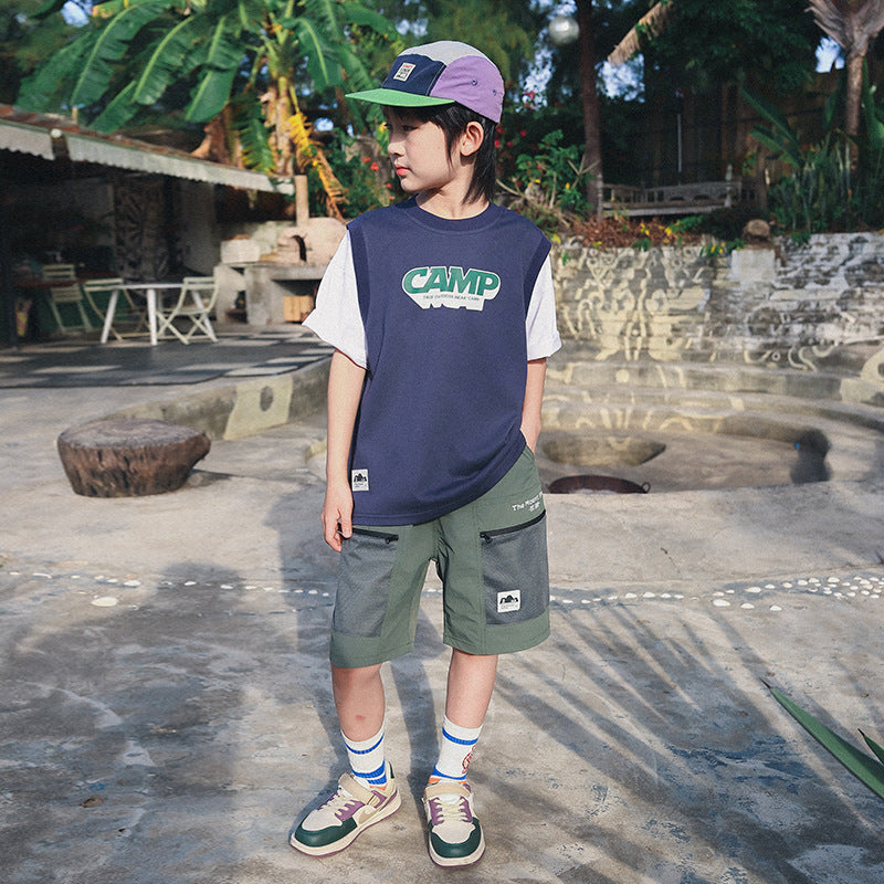 Cool Lightweight Fake Two-Piece Boys T-Shirt, Mountain Style Crew Neck Kids Top