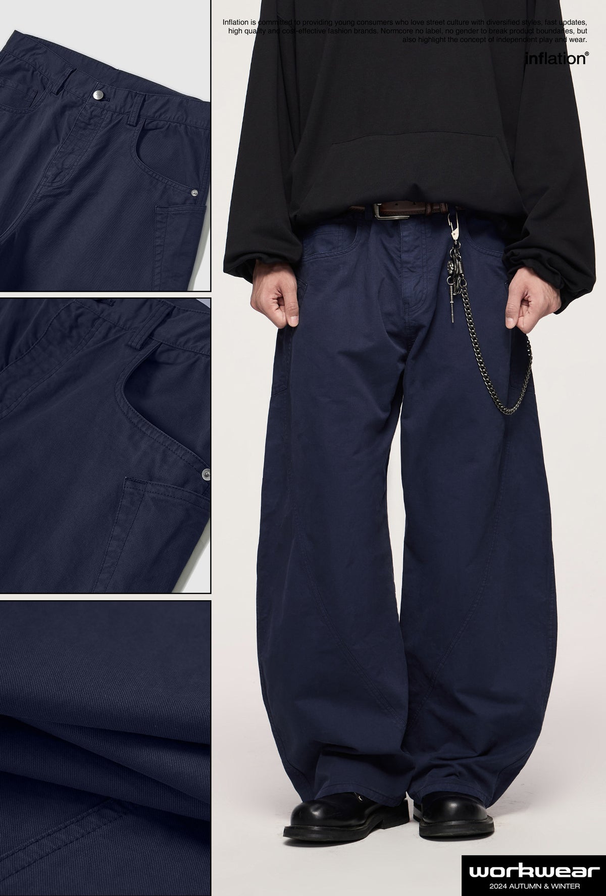 Men's Asut Dyed Curved Workwear Pants, Fall Cotton Vintage Boxy Fit Casual Trousers