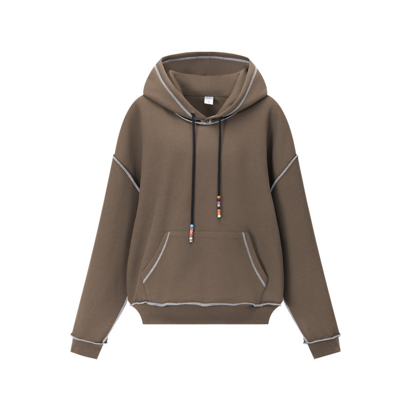Color-block waffle-knit hoodie with beaded drawstring