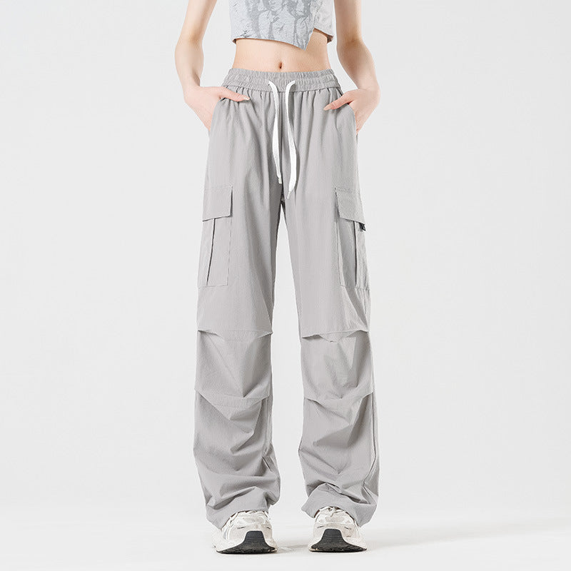 Unisex UPF50+ Ice‑Silk Wide Leg Cargo Pants, Water‑Repellent Quick‑Dry Drapy Summer Paratrooper Trousers
