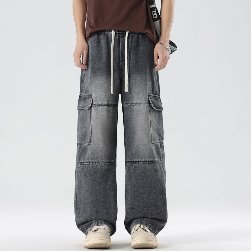 Men's American high street tooling jeans, retro loose straight wide-leg trousers, men's casual retro tooling trousers