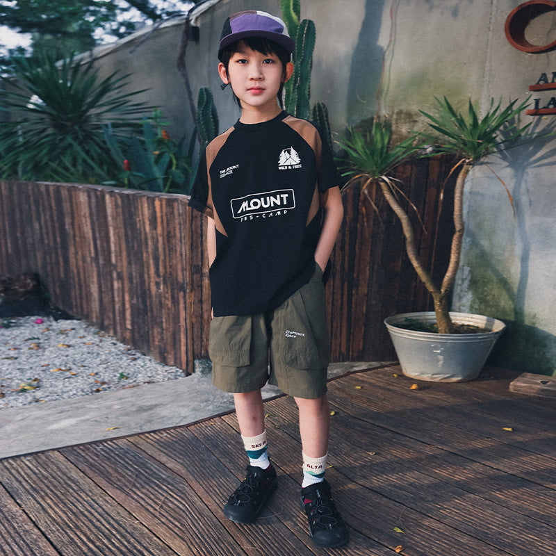 Boys Mountain Style Raglan Spliced Letter Print Short Sleeve T-shirt