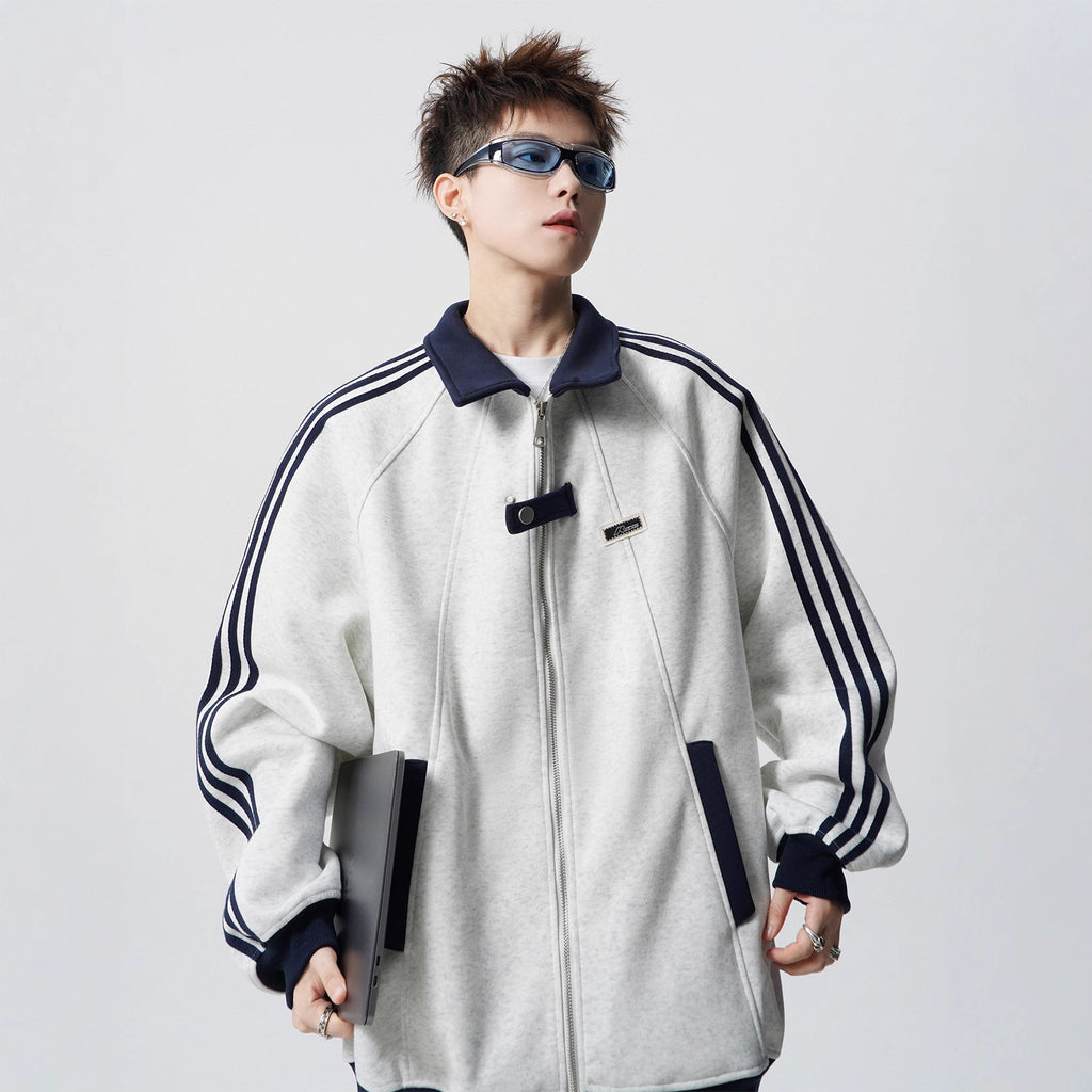 Unisex Three-Stripe Fleece-Lined Thick Casual Sweatshirt Jacket | Winter New