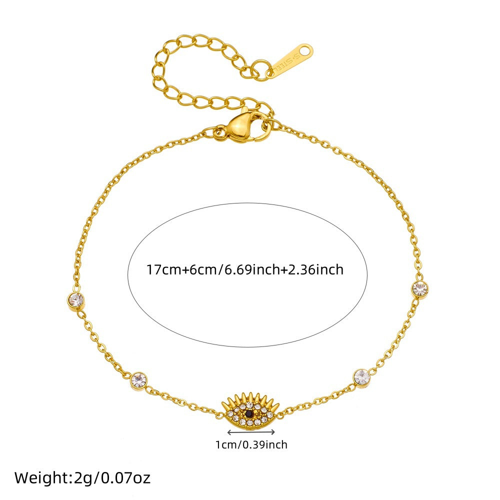 Diamond-encrusted gold-plated stainless steel evil eye bracelet link