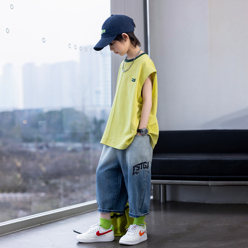 Boys Letter Embroidered Soft Denim 7 Inch Shorts