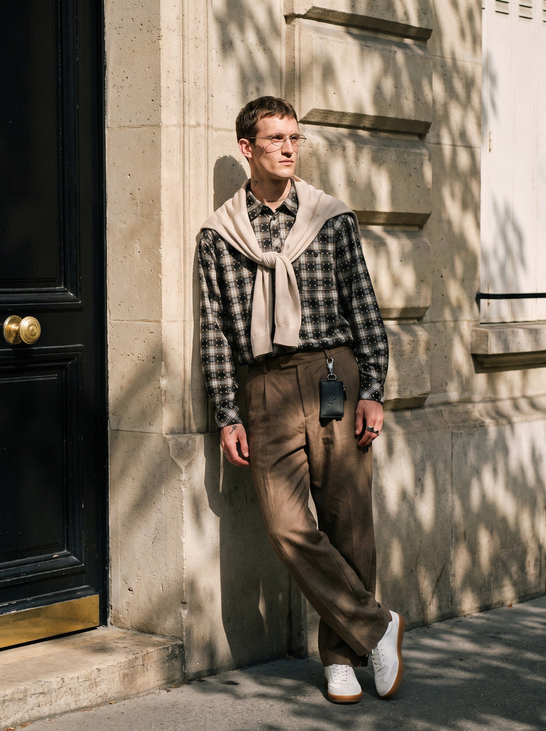 Lightweight plaid long-sleeve shirt-jacket with a small stand collar