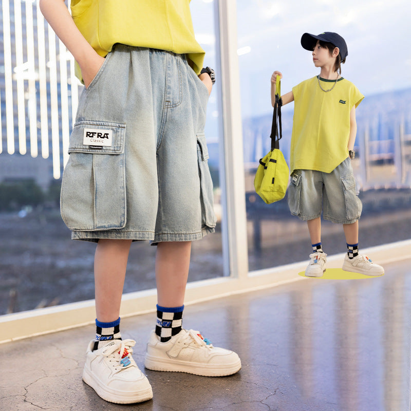 Boys' Soft Denim Cargo Shorts Large Pockets