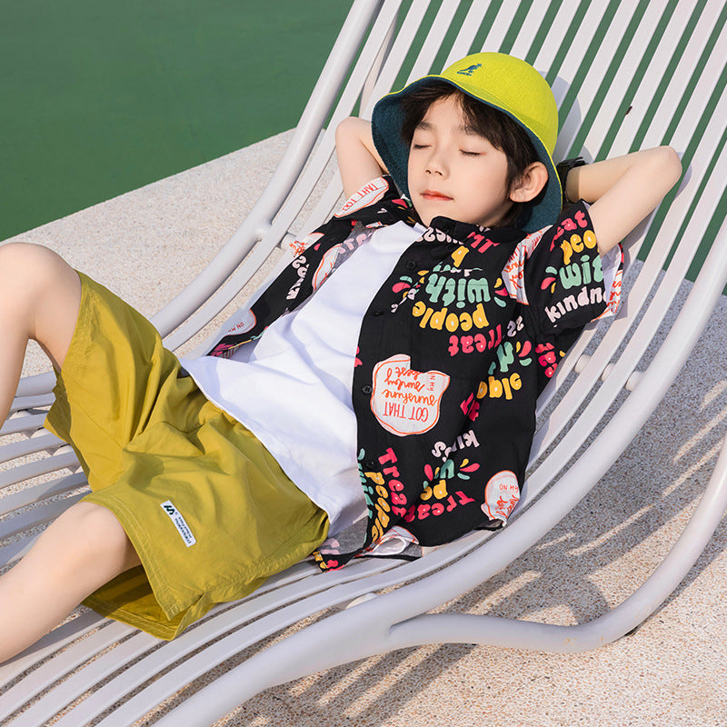 Boys' All-Over Print Pure Cotton Short-Sleeve Summer Shirt